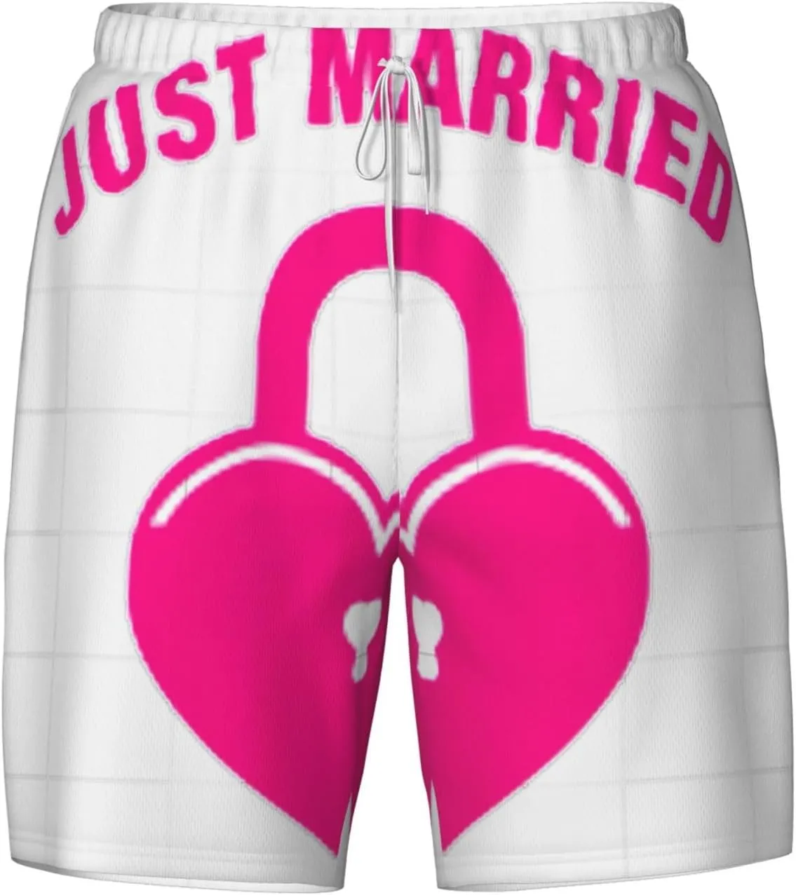 just Married Print Mens Swim Trunks Quick Dry Board Shorts Mesh Lining, Breathable Beach Surf Shorts