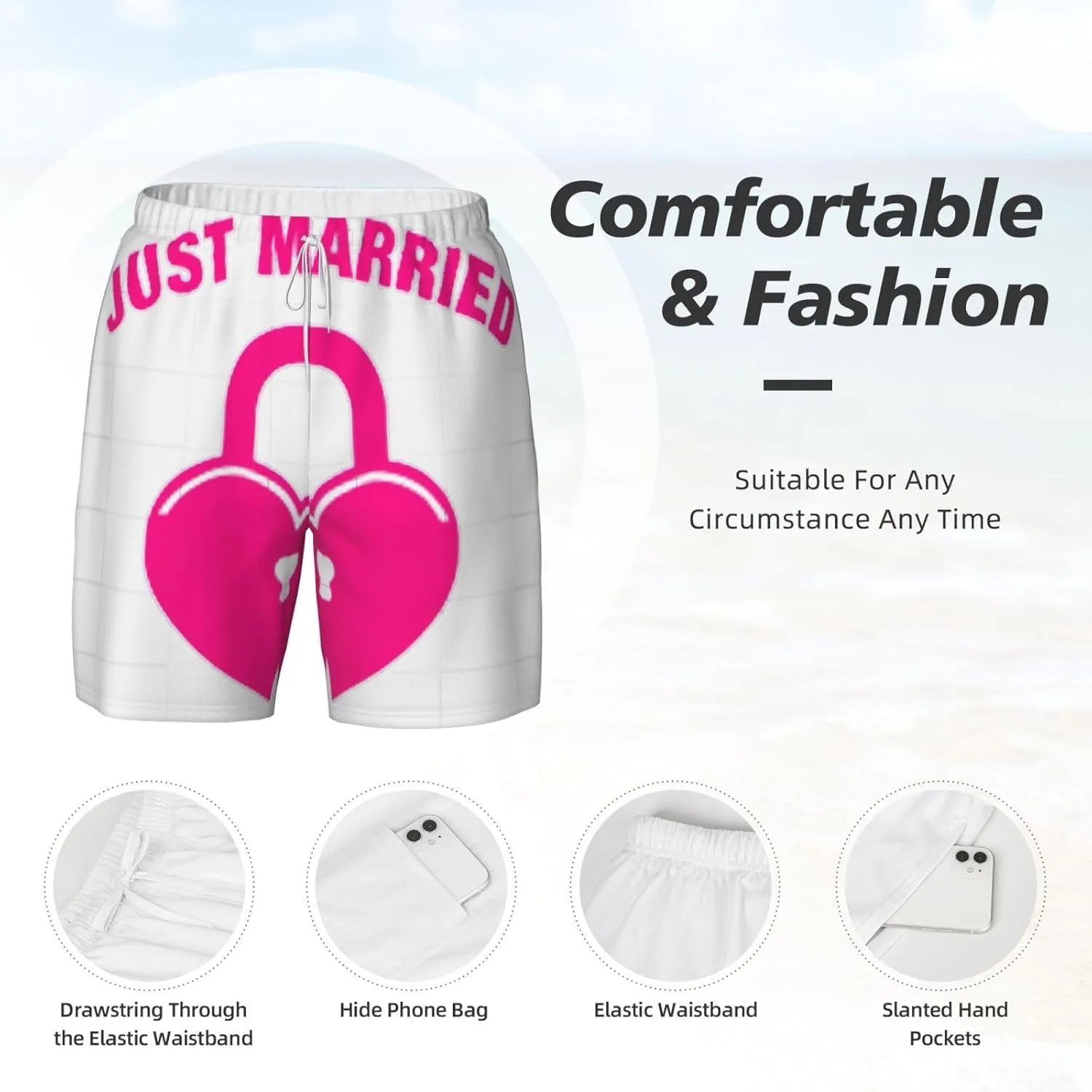 just Married Print Mens Swim Trunks Quick Dry Board Shorts Mesh Lining, Breathable Beach Surf Shorts