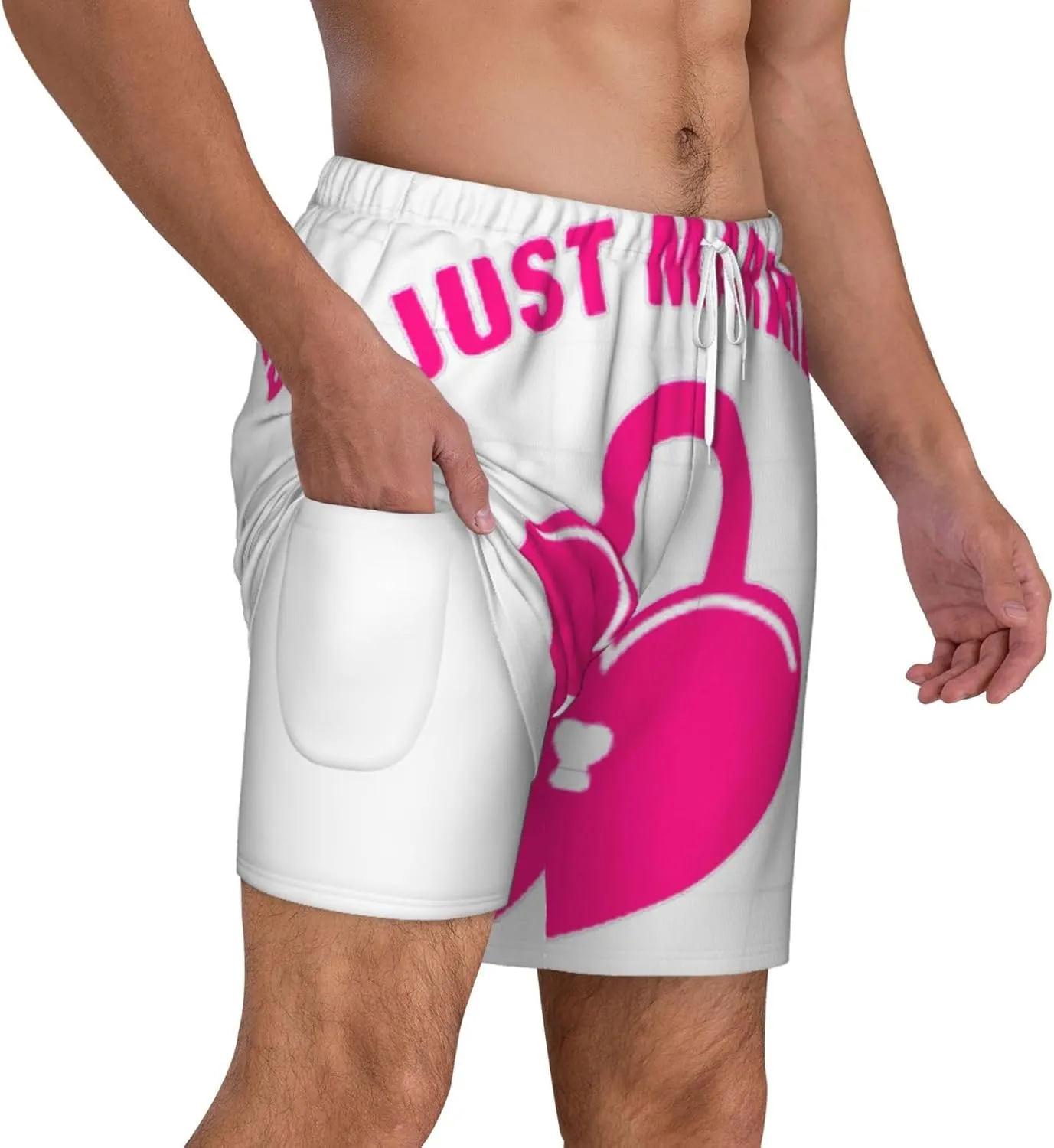just Married Print Mens Swim Trunks Quick Dry Board Shorts Mesh Lining, Breathable Beach Surf Shorts