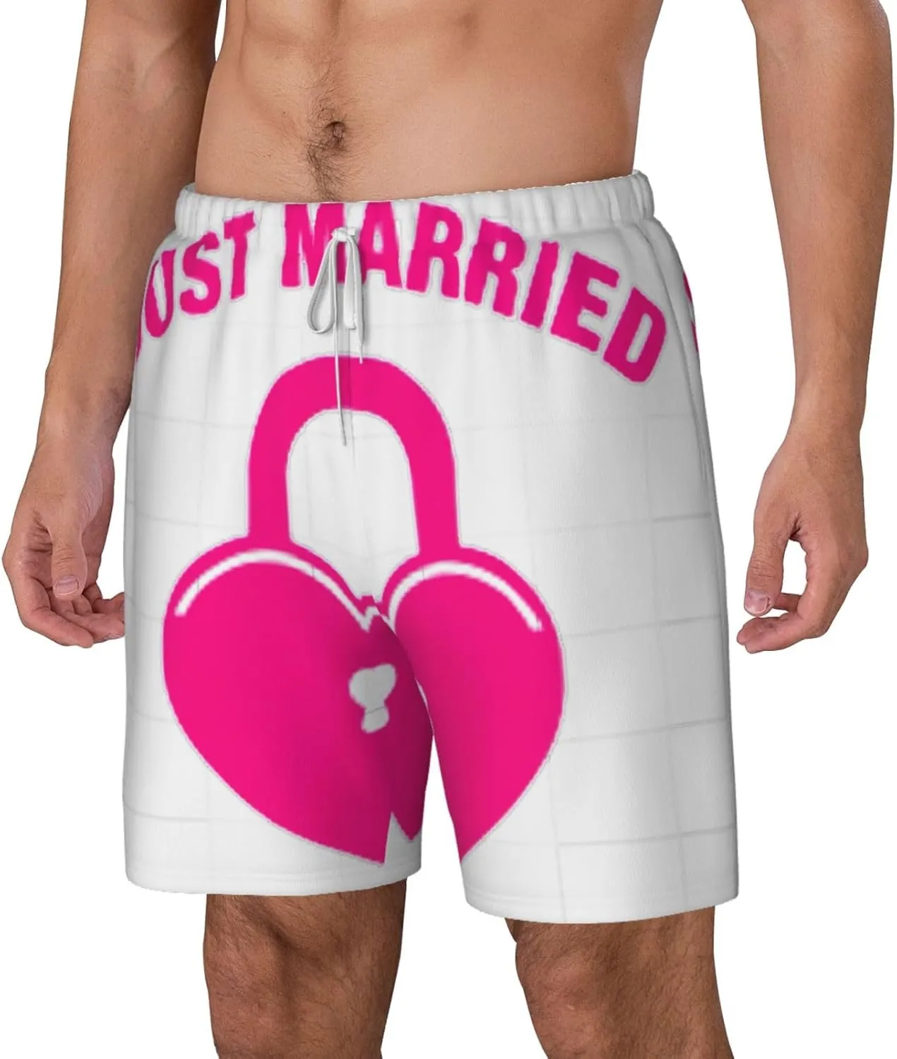 just Married Print Mens Swim Trunks Quick Dry Board Shorts Mesh Lining, Breathable Beach Surf Shorts