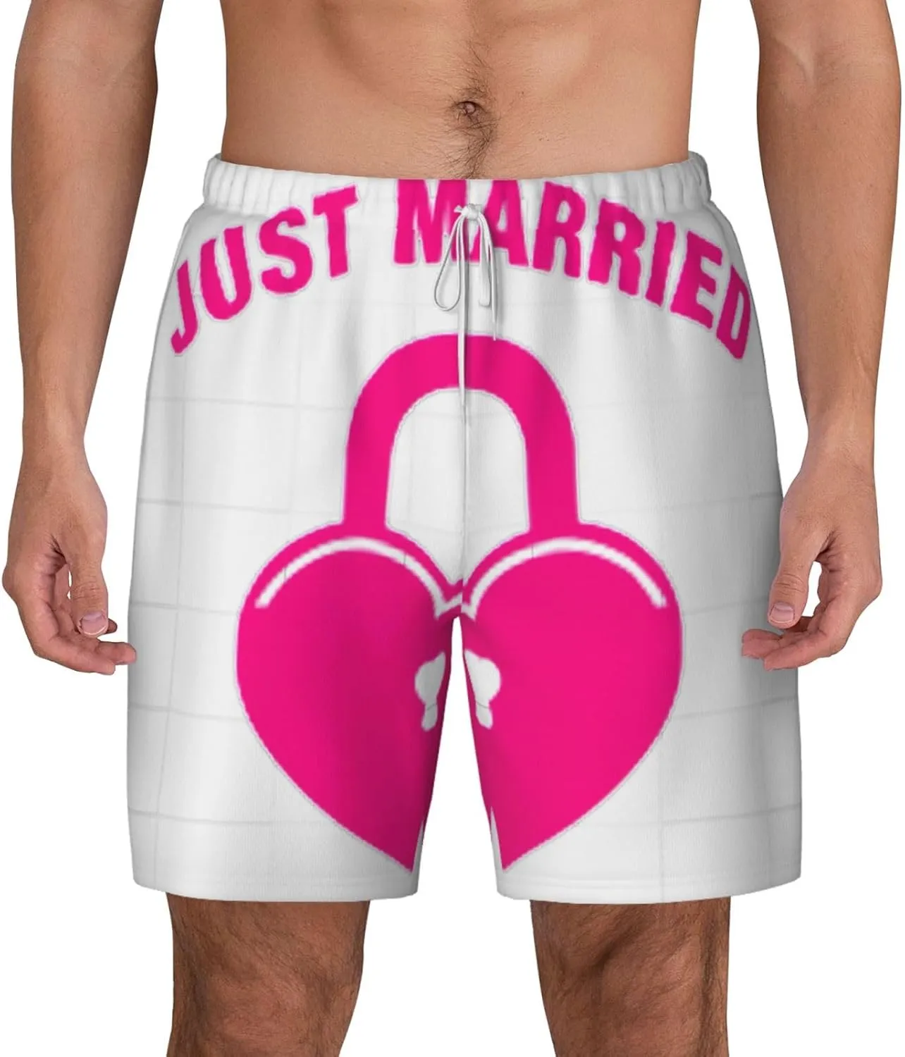 just Married Print Mens Swim Trunks Quick Dry Board Shorts Mesh Lining, Breathable Beach Surf Shorts