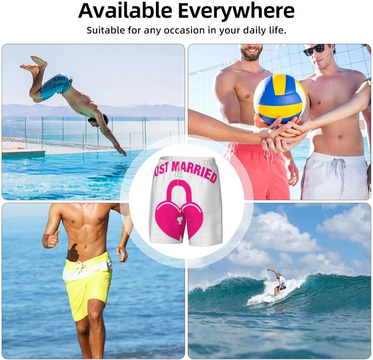 just Married Print Mens Swim Trunks Quick Dry Board Shorts Mesh Lining, Breathable Beach Surf Shorts