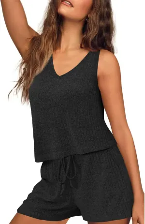 JUSTFASHIONNOW Womens Pajama Sets with Pockets Ribbed Knit 2 Piece Lounge Set Summer Sleepwear Cute PJ Set Loungewear