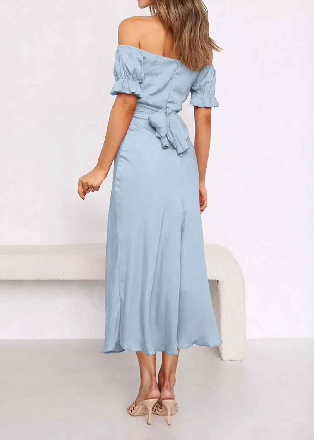 KIRUNDO Women's 2025 Summer Satin Midi Dress Off The Shoulder Wrap Ruched Wedding Guest Party Cocktail Formal Prom Dresses
