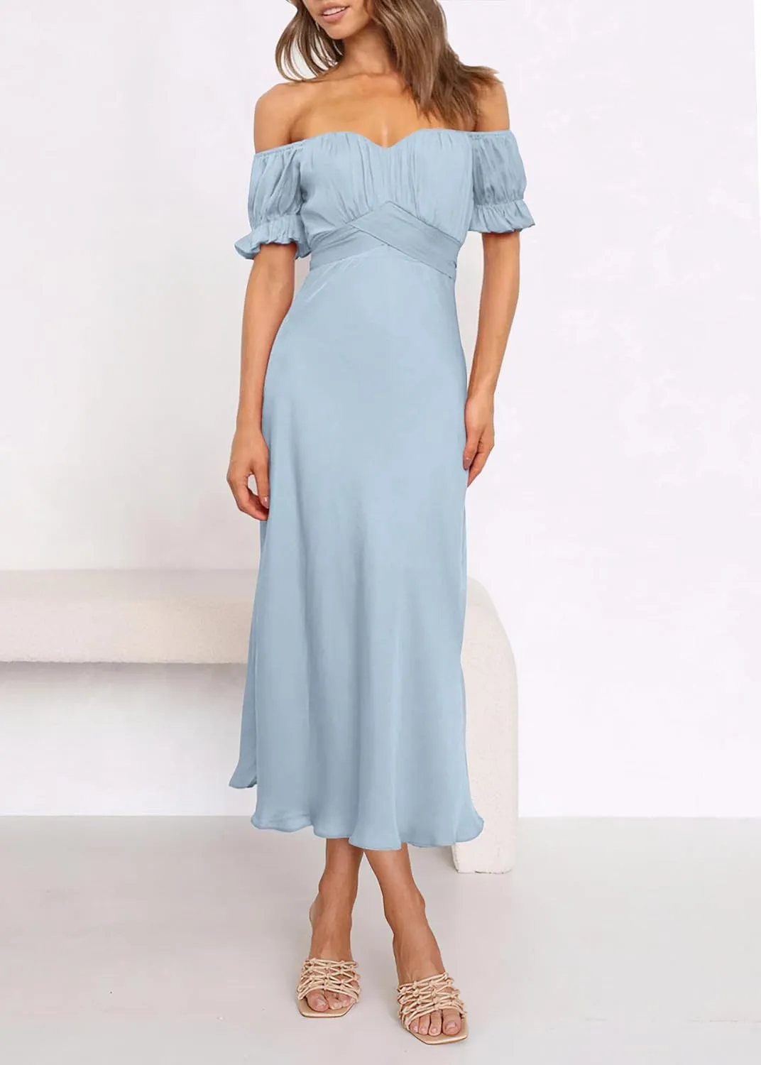 KIRUNDO Women's 2025 Summer Satin Midi Dress Off The Shoulder Wrap Ruched Wedding Guest Party Cocktail Formal Prom Dresses