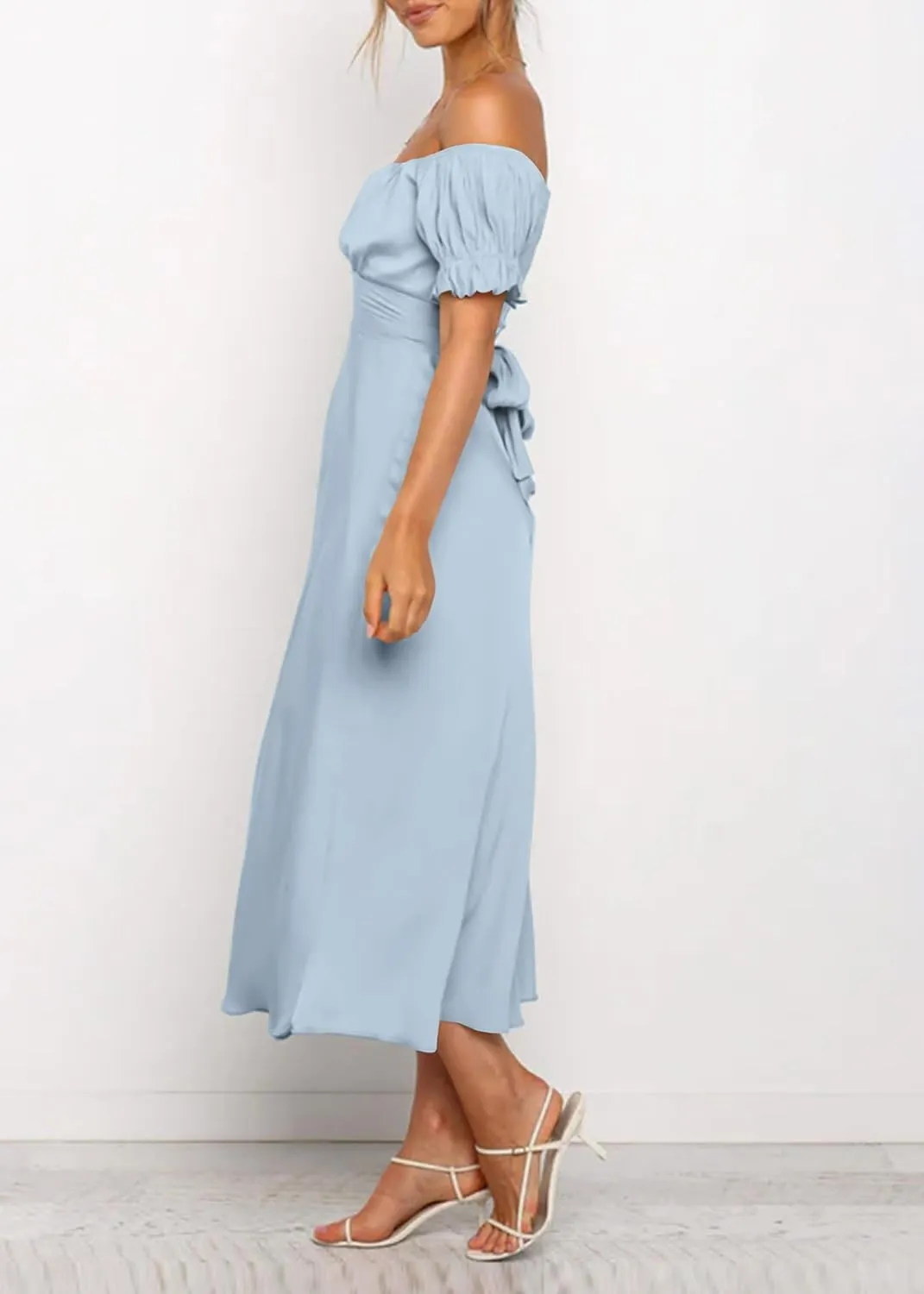 KIRUNDO Women's 2025 Summer Satin Midi Dress Off The Shoulder Wrap Ruched Wedding Guest Party Cocktail Formal Prom Dresses