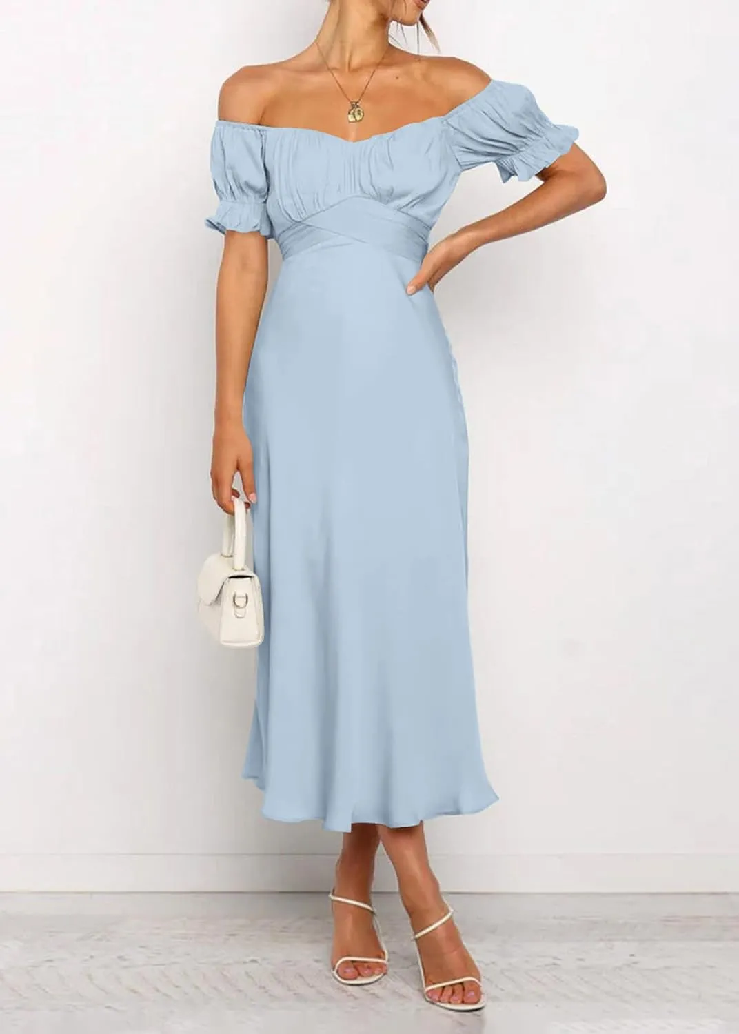 KIRUNDO Women's 2025 Summer Satin Midi Dress Off The Shoulder Wrap Ruched Wedding Guest Party Cocktail Formal Prom Dresses