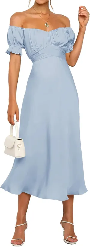 KIRUNDO Women's 2025 Summer Satin Midi Dress Off The Shoulder Wrap Ruched Wedding Guest Party Cocktail Formal Prom Dresses