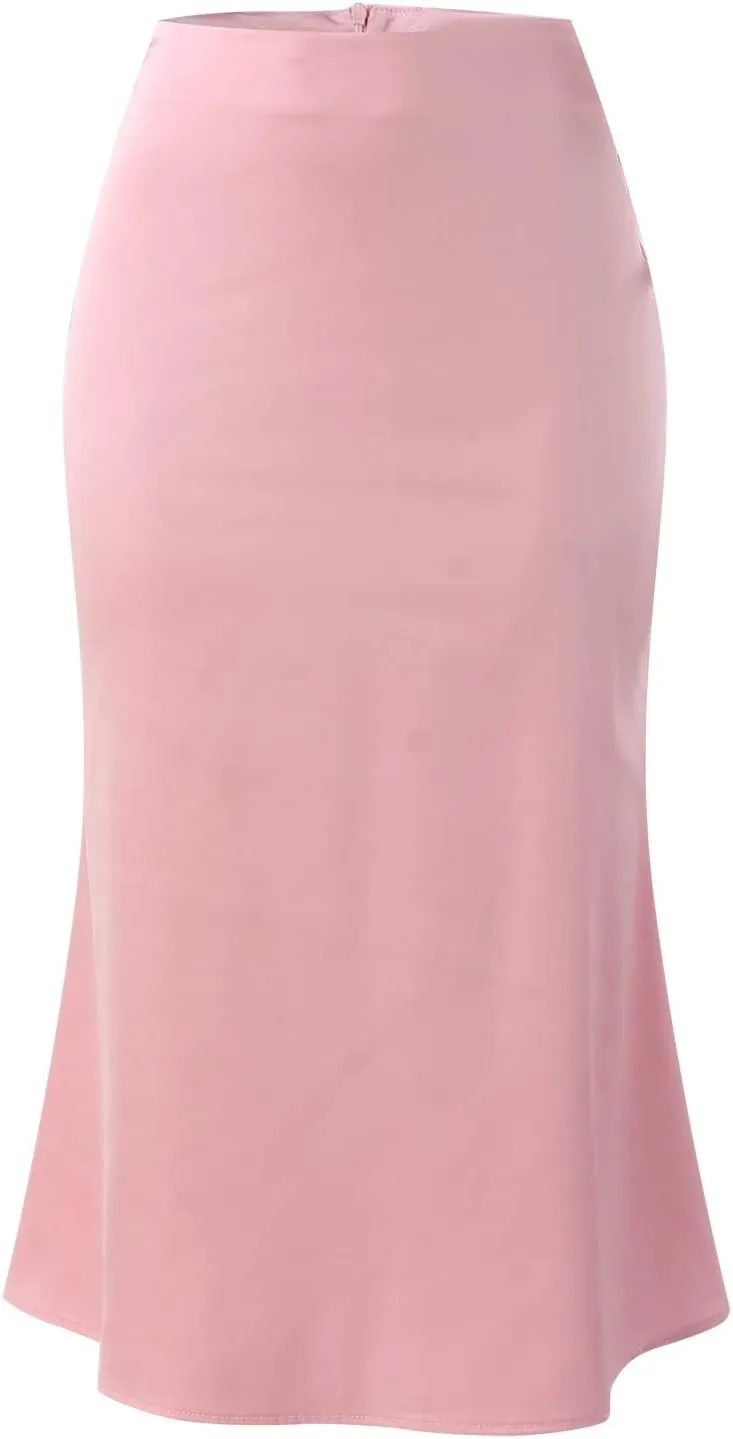 Knee Length Skirts for Women High Elastic Waist Business Satin A-Line Workout Skirts for Women Back Zipper