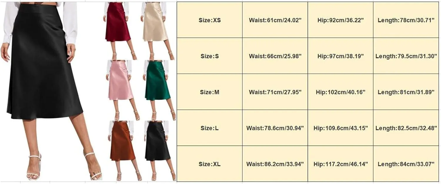 Knee Length Skirts for Women High Elastic Waist Business Satin A-Line Workout Skirts for Women Back Zipper