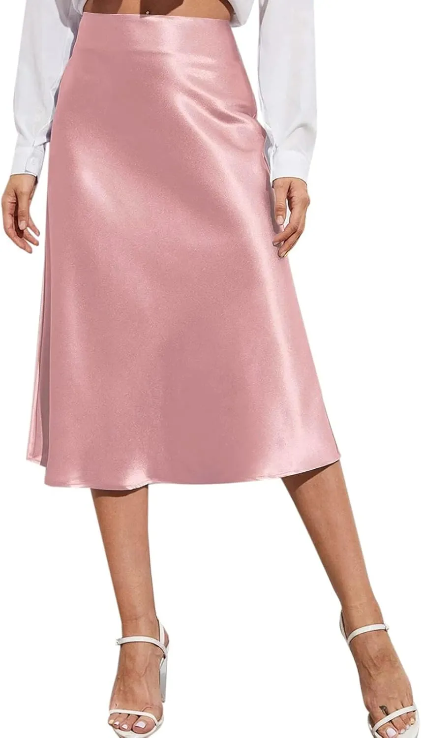 Knee Length Skirts for Women High Elastic Waist Business Satin A-Line Workout Skirts for Women Back Zipper
