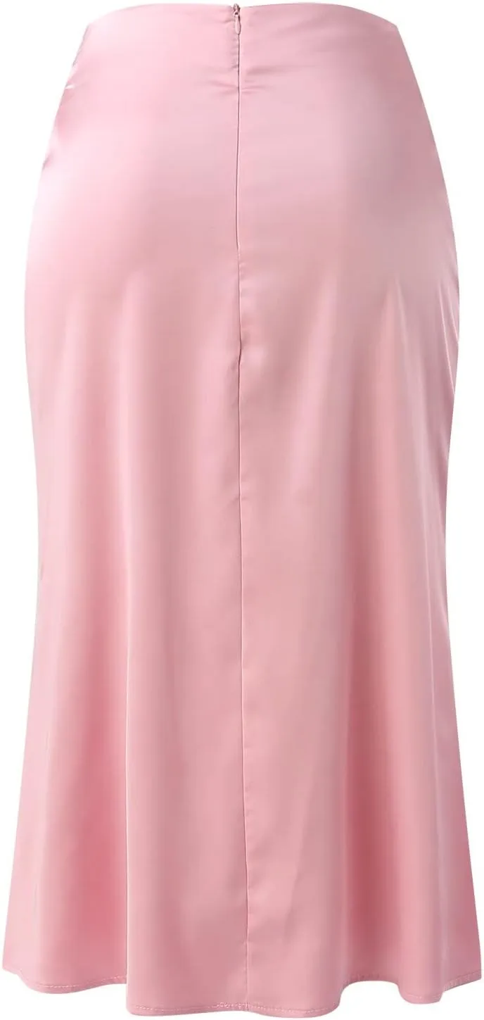 Knee Length Skirts for Women High Elastic Waist Business Satin A-Line Workout Skirts for Women Back Zipper