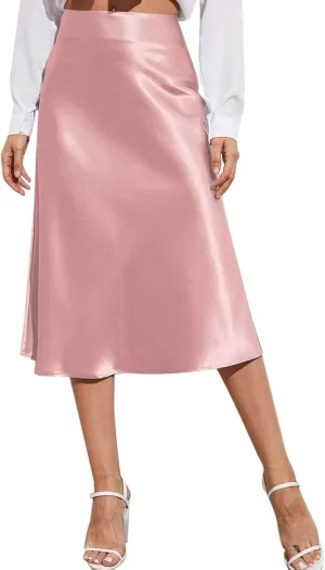 Knee Length Skirts for Women High Elastic Waist Business Satin A-Line Workout Skirts for Women Back Zipper