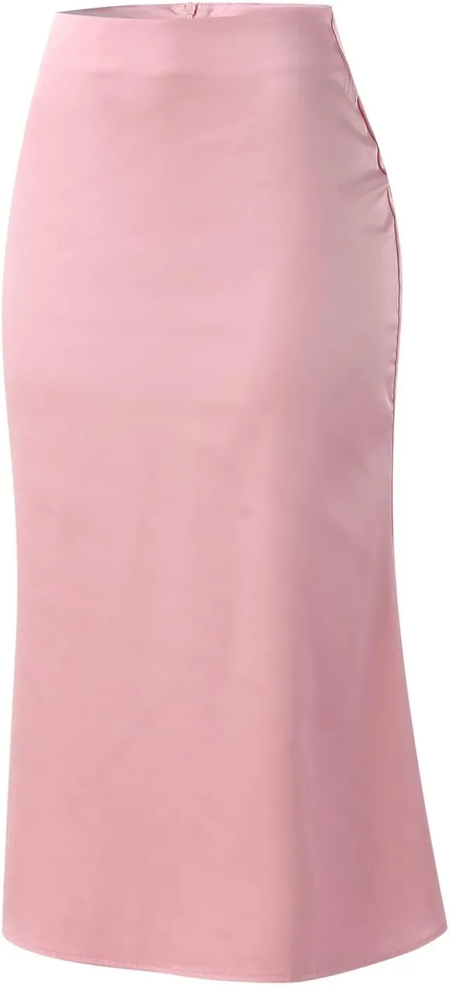 Knee Length Skirts for Women High Elastic Waist Business Satin A-Line Workout Skirts for Women Back Zipper
