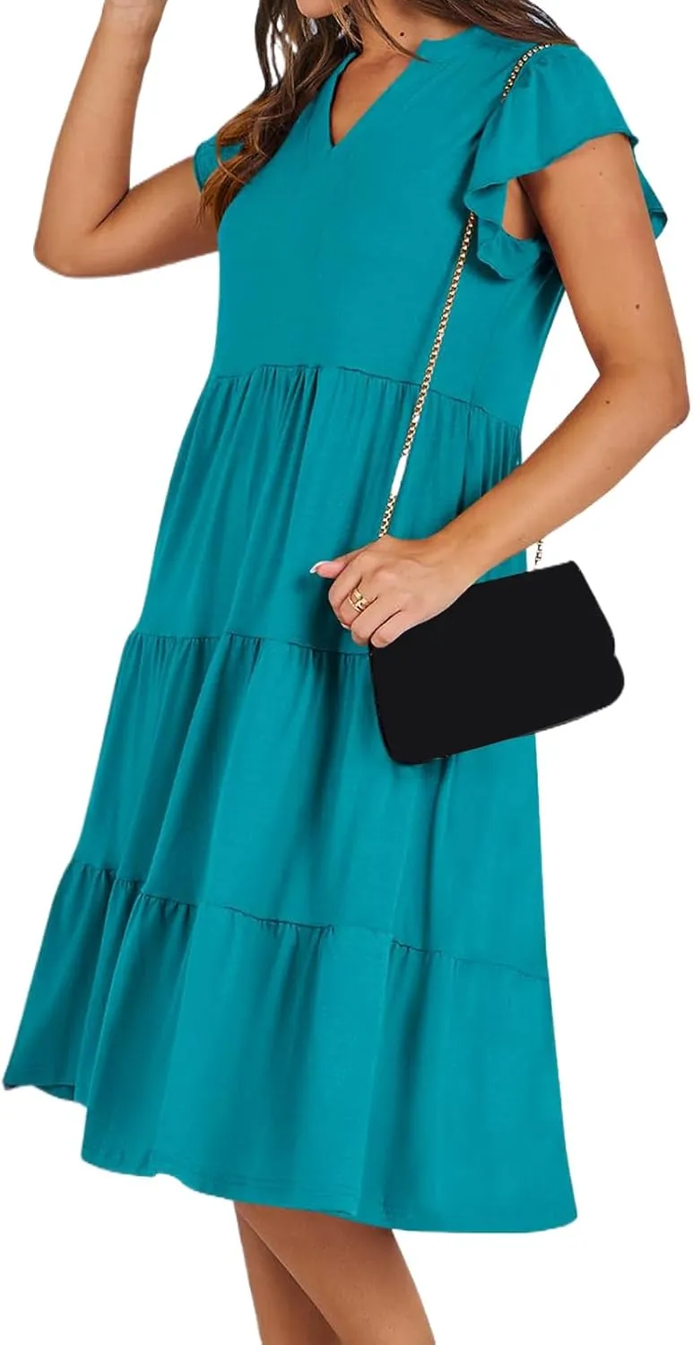 Kubbon Womens Midi Dress Casual Ruffle Sleeve V Neck Dresses Loose Flowy Tiered Boho Beach Vacation Sundress with Pockets