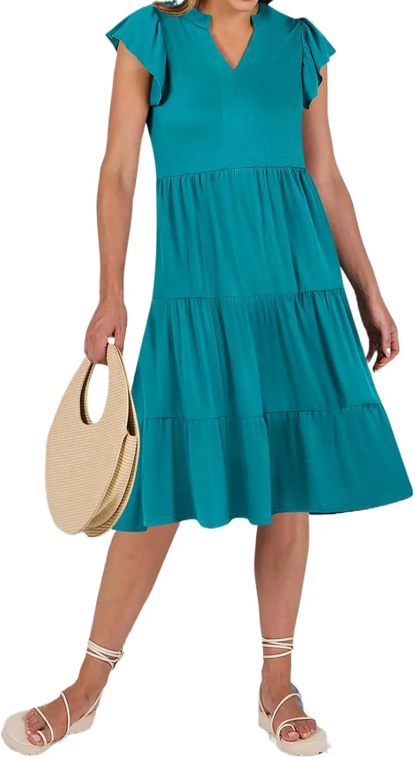 Kubbon Womens Midi Dress Casual Ruffle Sleeve V Neck Dresses Loose Flowy Tiered Boho Beach Vacation Sundress with Pockets
