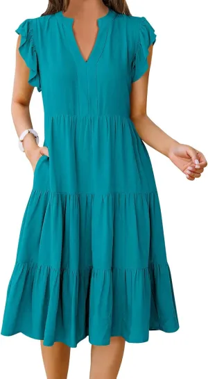 Kubbon Womens Midi Dress Casual Ruffle Sleeve V Neck Dresses Loose Flowy Tiered Boho Beach Vacation Sundress with Pockets