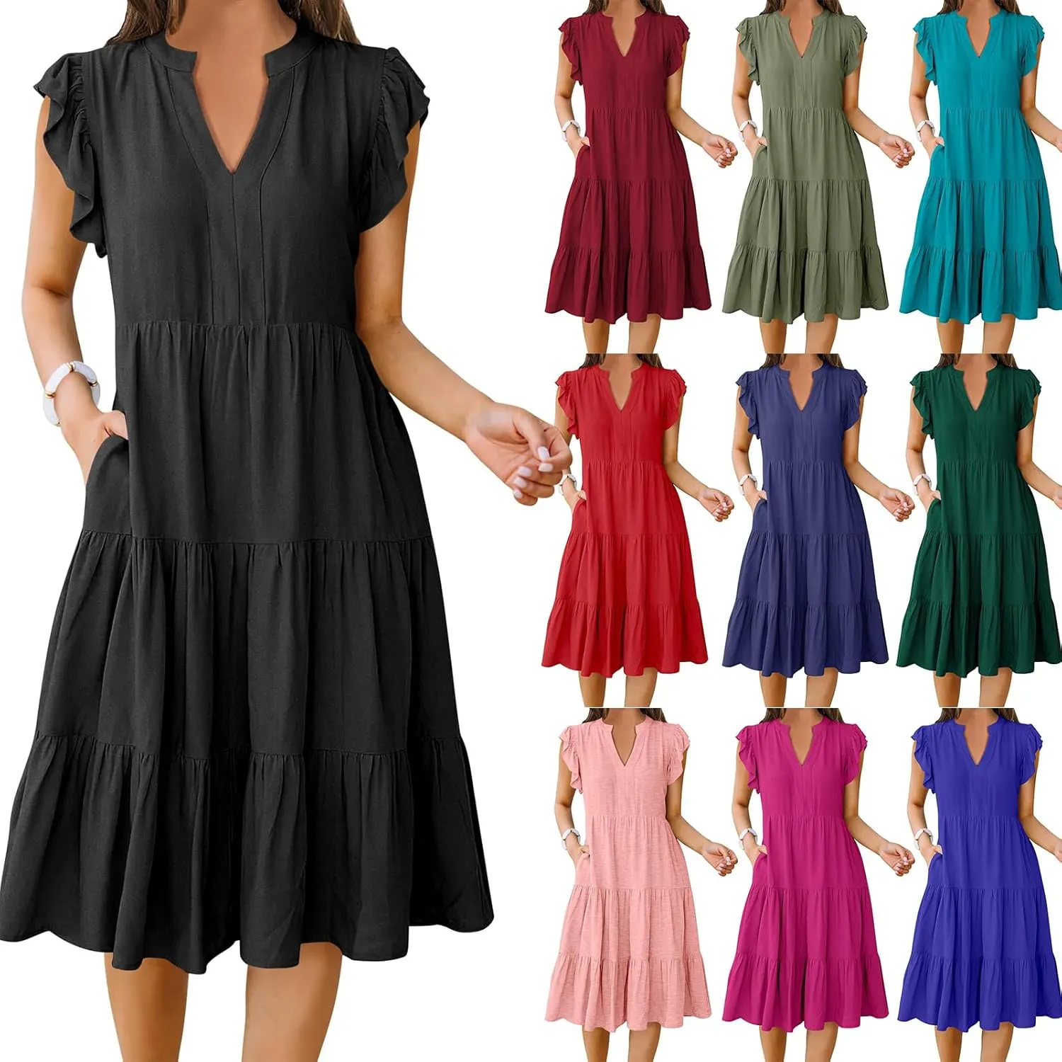 Kubbon Womens Midi Dress Casual Ruffle Sleeve V Neck Dresses Loose Flowy Tiered Boho Beach Vacation Sundress with Pockets