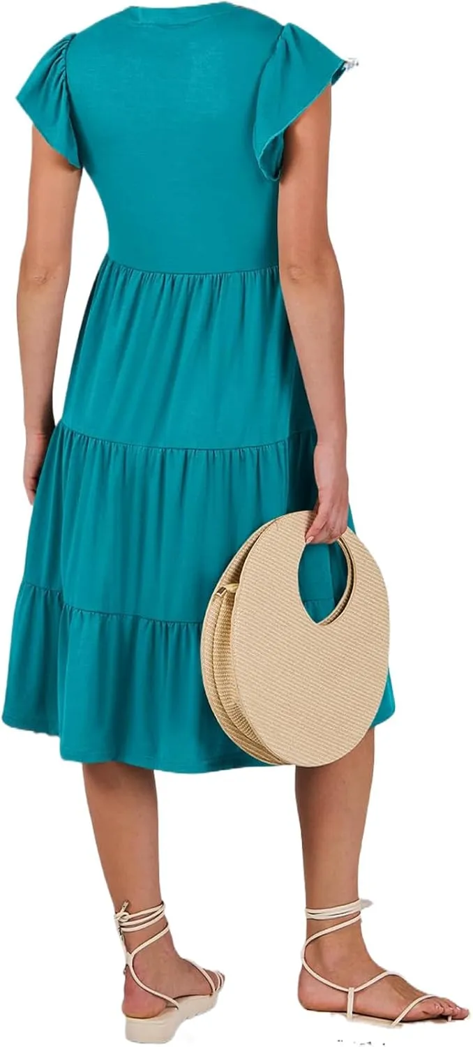 Kubbon Womens Midi Dress Casual Ruffle Sleeve V Neck Dresses Loose Flowy Tiered Boho Beach Vacation Sundress with Pockets