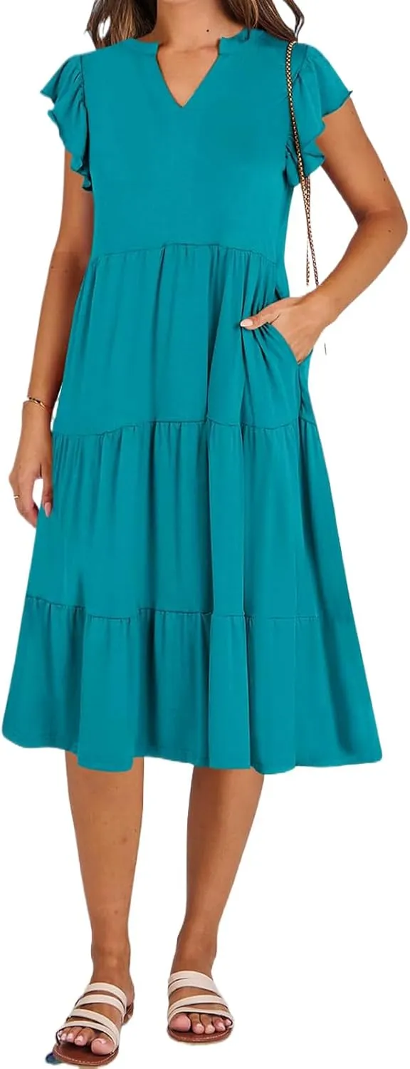 Kubbon Womens Midi Dress Casual Ruffle Sleeve V Neck Dresses Loose Flowy Tiered Boho Beach Vacation Sundress with Pockets