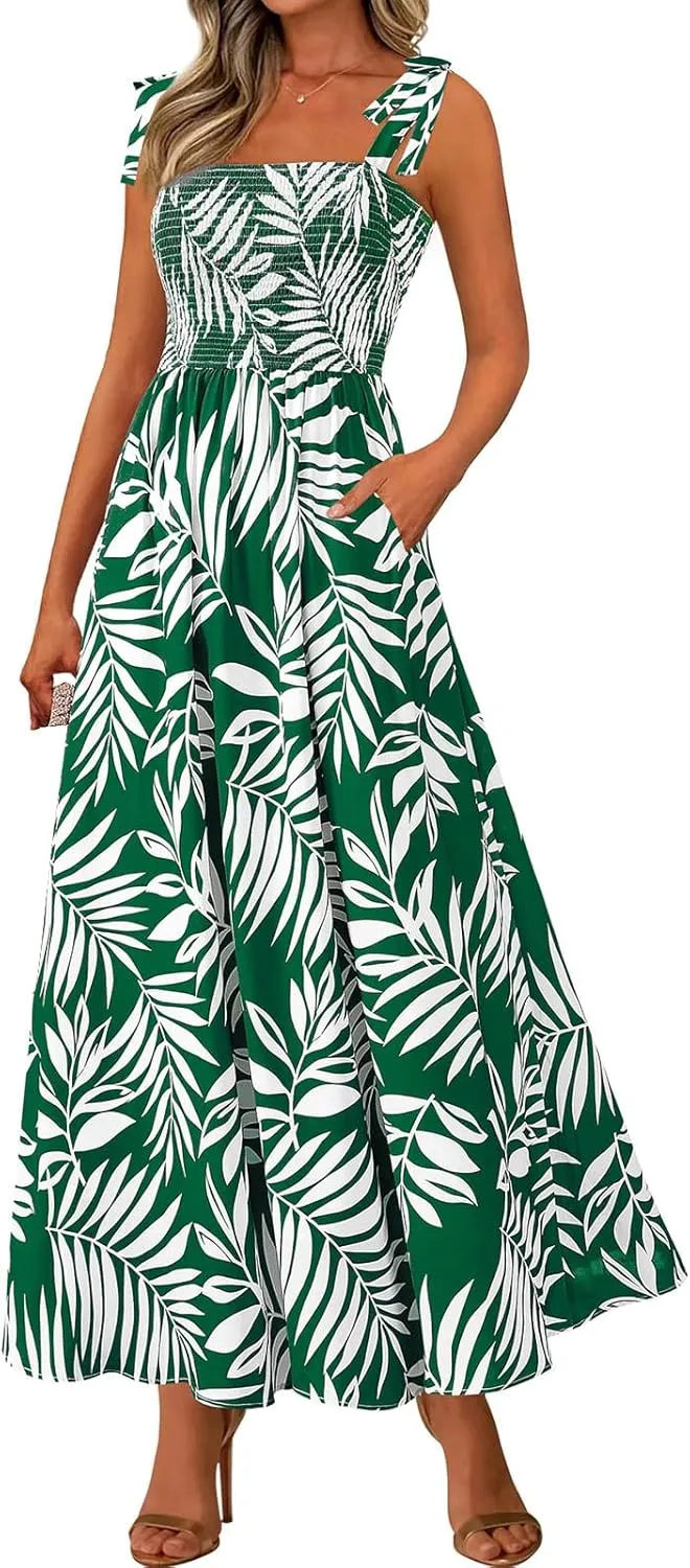 Kubbon Women's Summer Floral Dress Sleeveless Smocked Maxi Dress Boho Spaghetti Strap Square Neck Ruffle Flowy Long Dresses