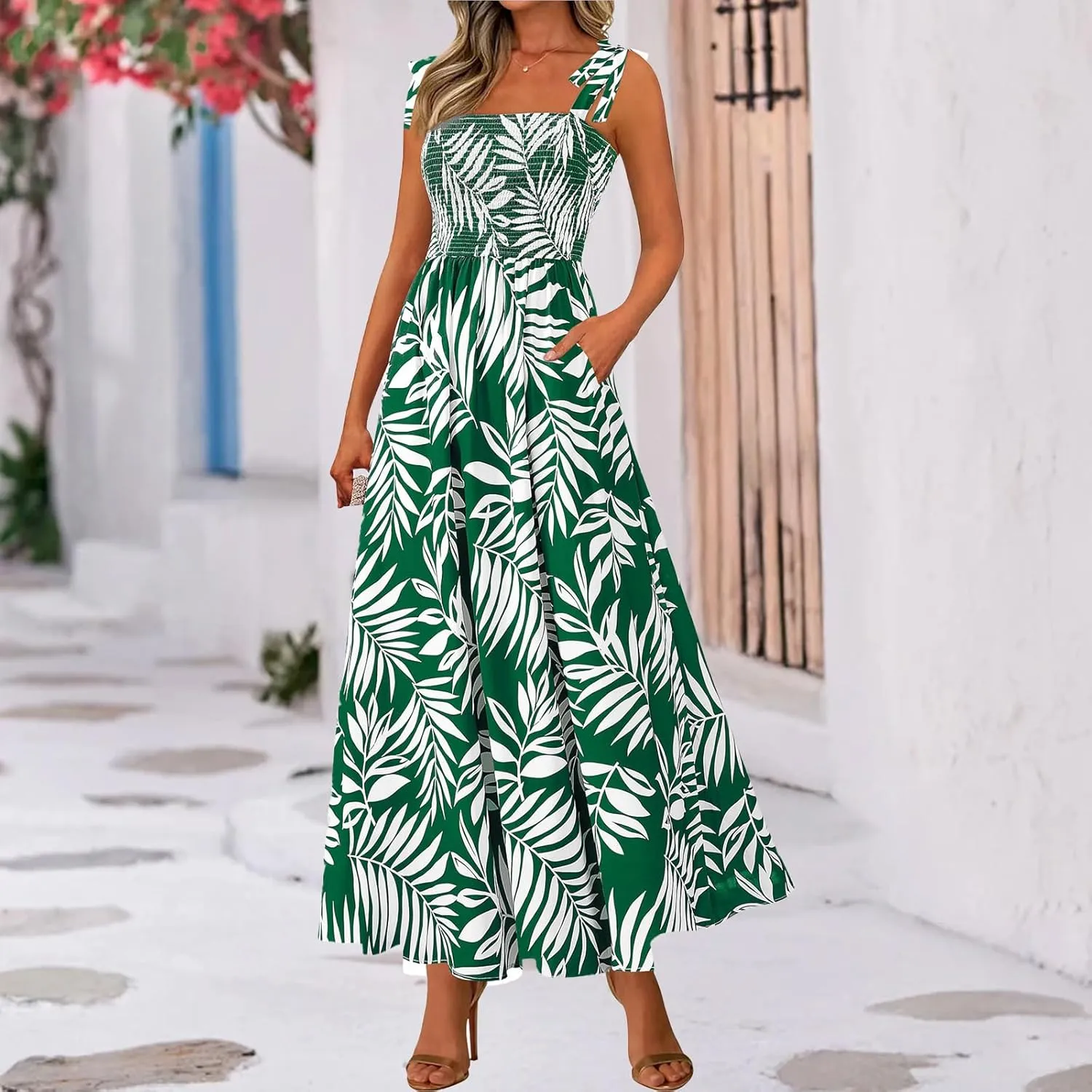 Kubbon Women's Summer Floral Dress Sleeveless Smocked Maxi Dress Boho Spaghetti Strap Square Neck Ruffle Flowy Long Dresses