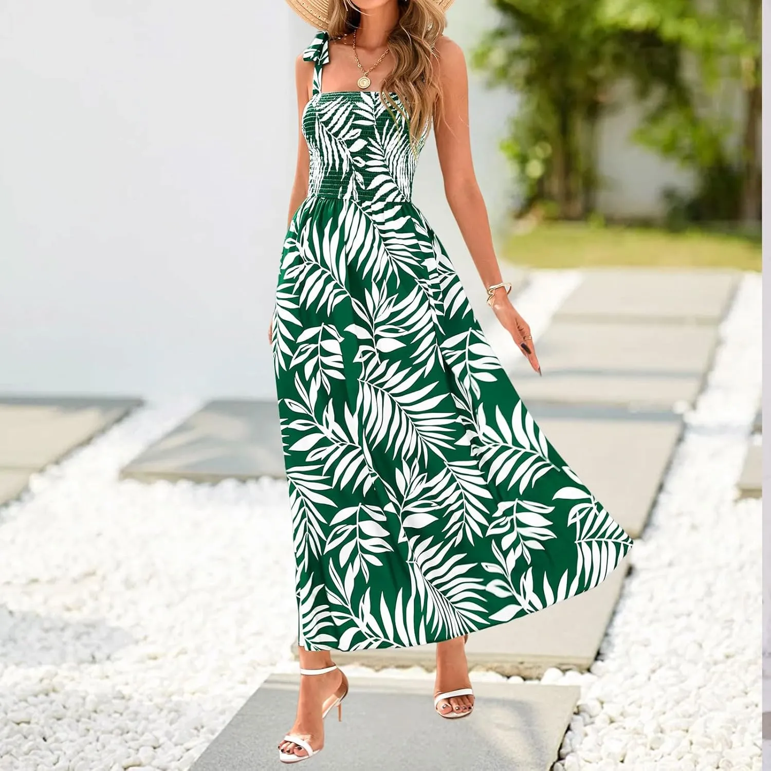Kubbon Women's Summer Floral Dress Sleeveless Smocked Maxi Dress Boho Spaghetti Strap Square Neck Ruffle Flowy Long Dresses