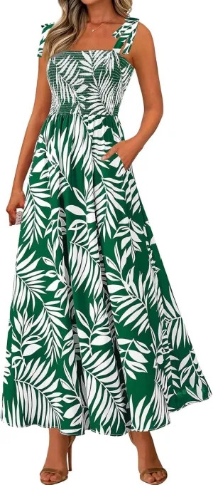 Kubbon Women's Summer Floral Dress Sleeveless Smocked Maxi Dress Boho Spaghetti Strap Square Neck Ruffle Flowy Long Dresses