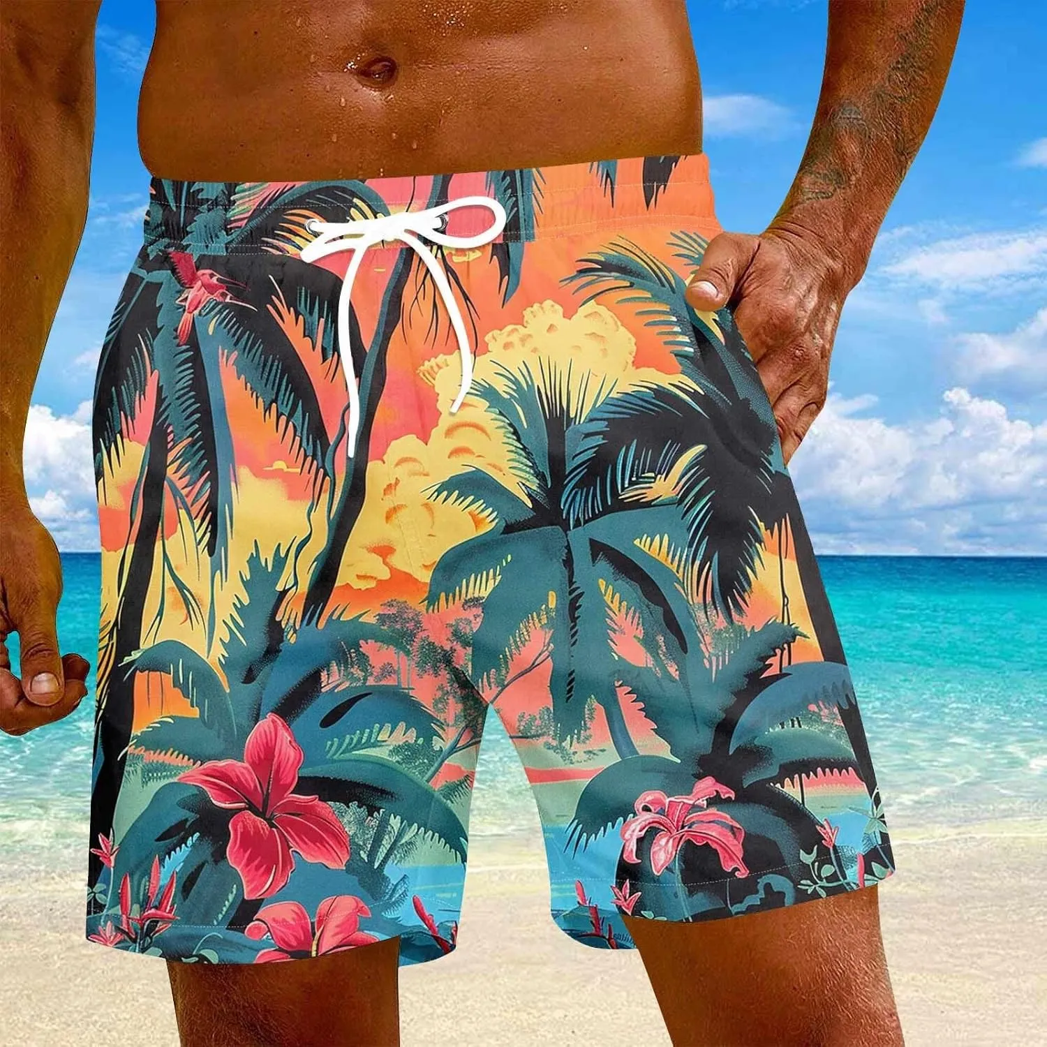 KUIOLYPOER Men's Hawaiian Beach Shorts Summer Casual Drawstring Quick Dry Holiday Tropical Print Shorts with Pockets