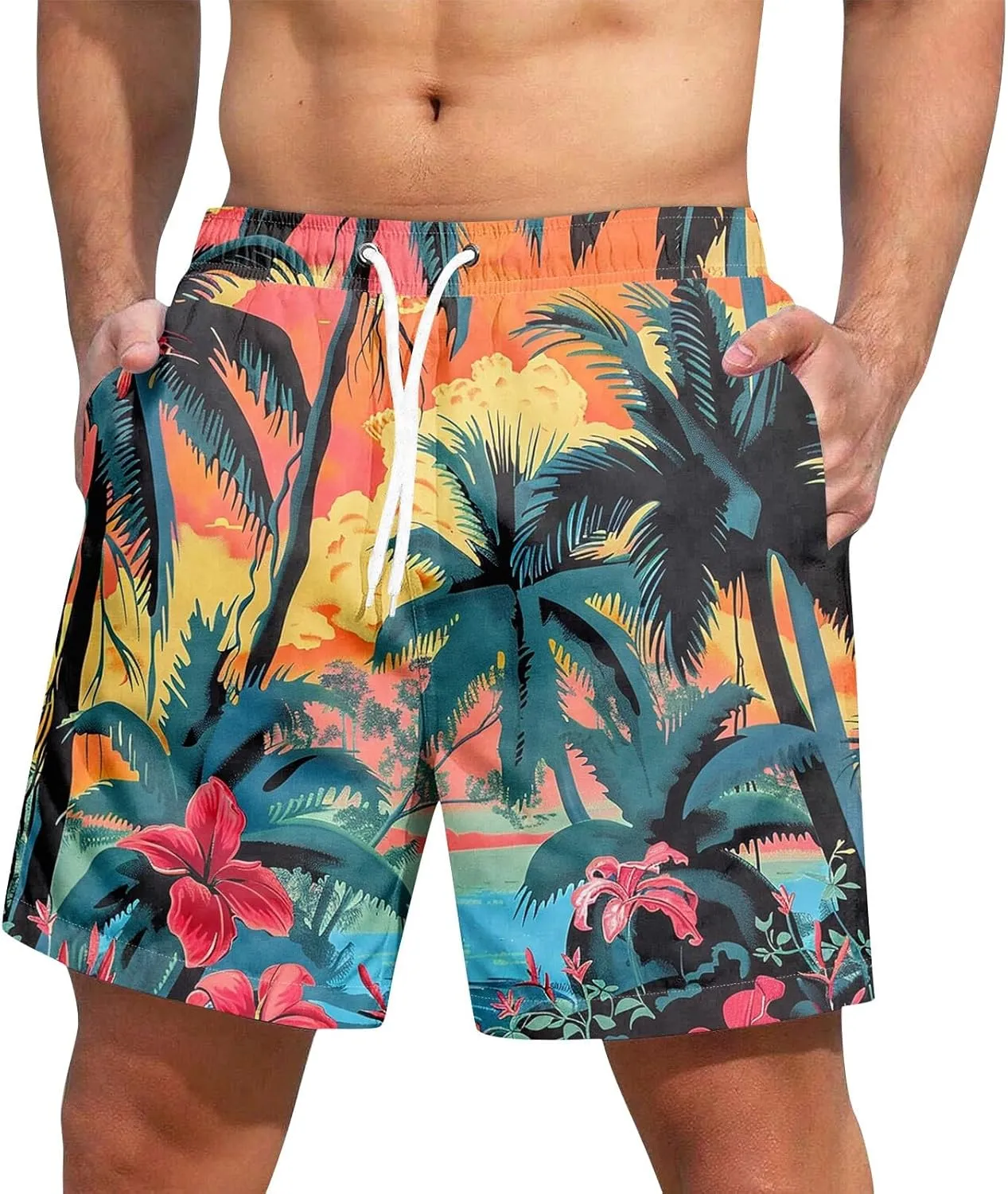 KUIOLYPOER Men's Hawaiian Beach Shorts Summer Casual Drawstring Quick Dry Holiday Tropical Print Shorts with Pockets