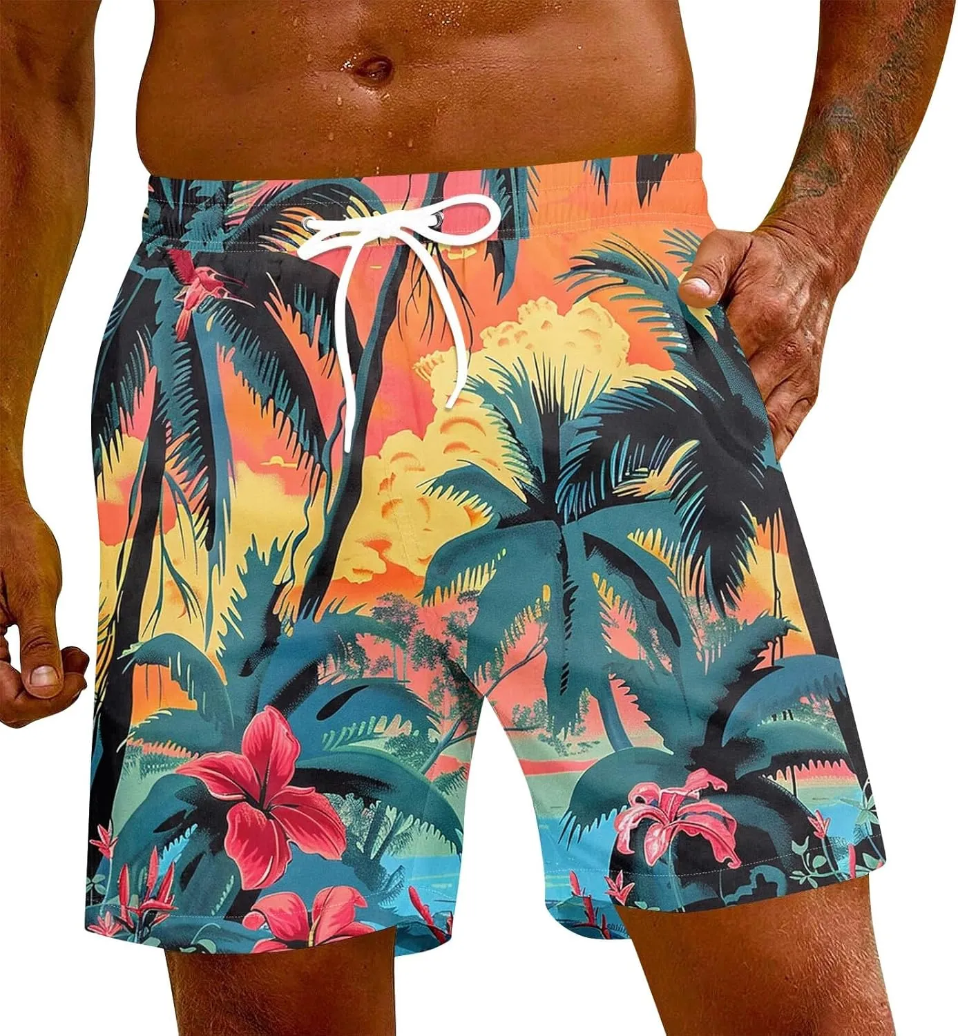 KUIOLYPOER Men's Hawaiian Beach Shorts Summer Casual Drawstring Quick Dry Holiday Tropical Print Shorts with Pockets