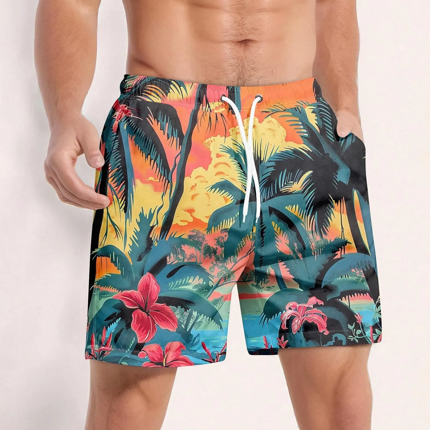 KUIOLYPOER Men's Hawaiian Beach Shorts Summer Casual Drawstring Quick Dry Holiday Tropical Print Shorts with Pockets