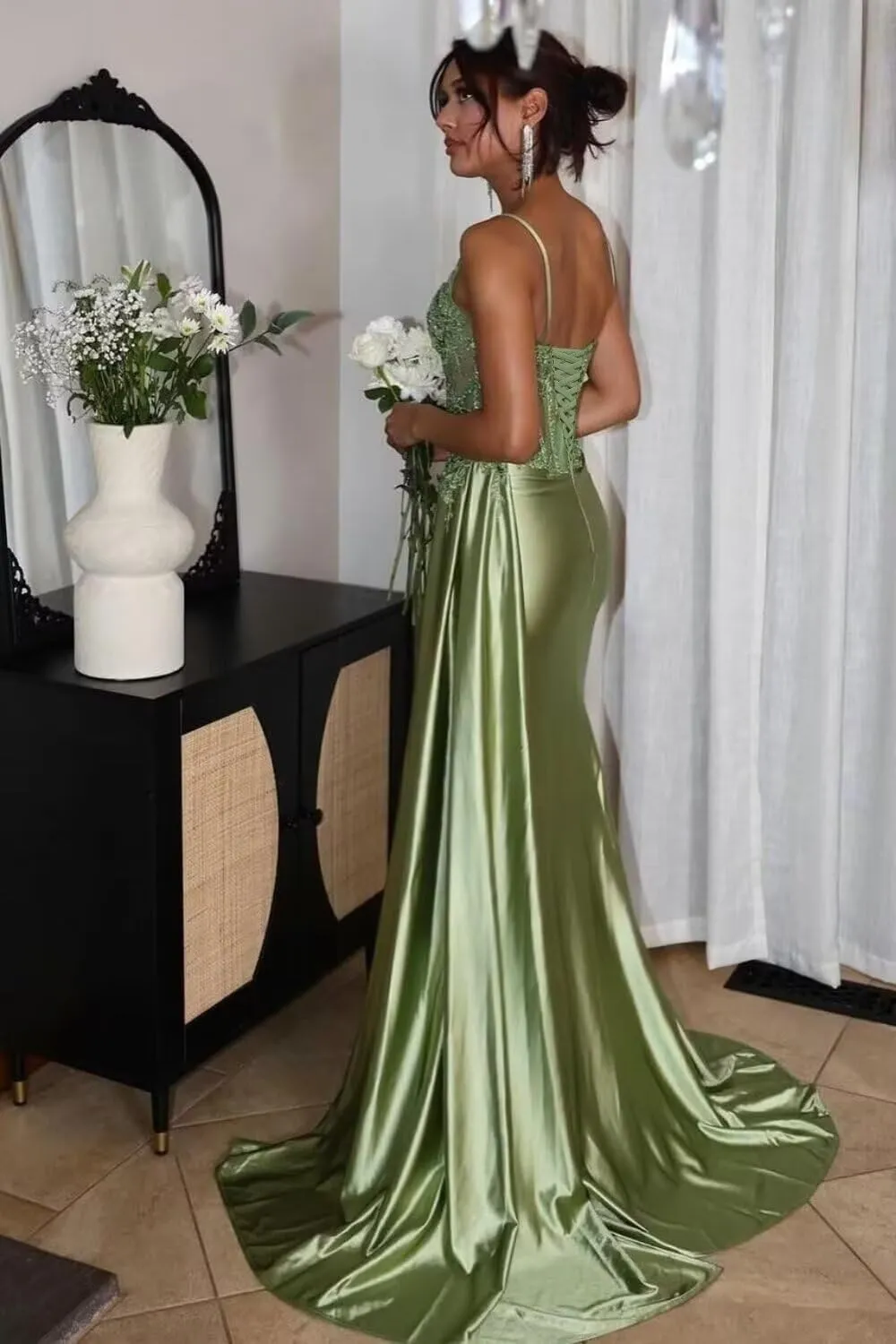 Lace Satin Prom Dresses for Women 2025 Long Mermaid Spaghetti Straps Corset Formal Evening Party Dress with Slit