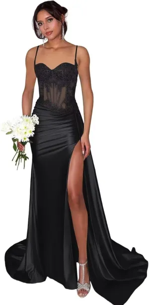 Lace Satin Prom Dresses for Women 2025 Long Mermaid Spaghetti Straps Corset Formal Evening Party Dress with Slit
