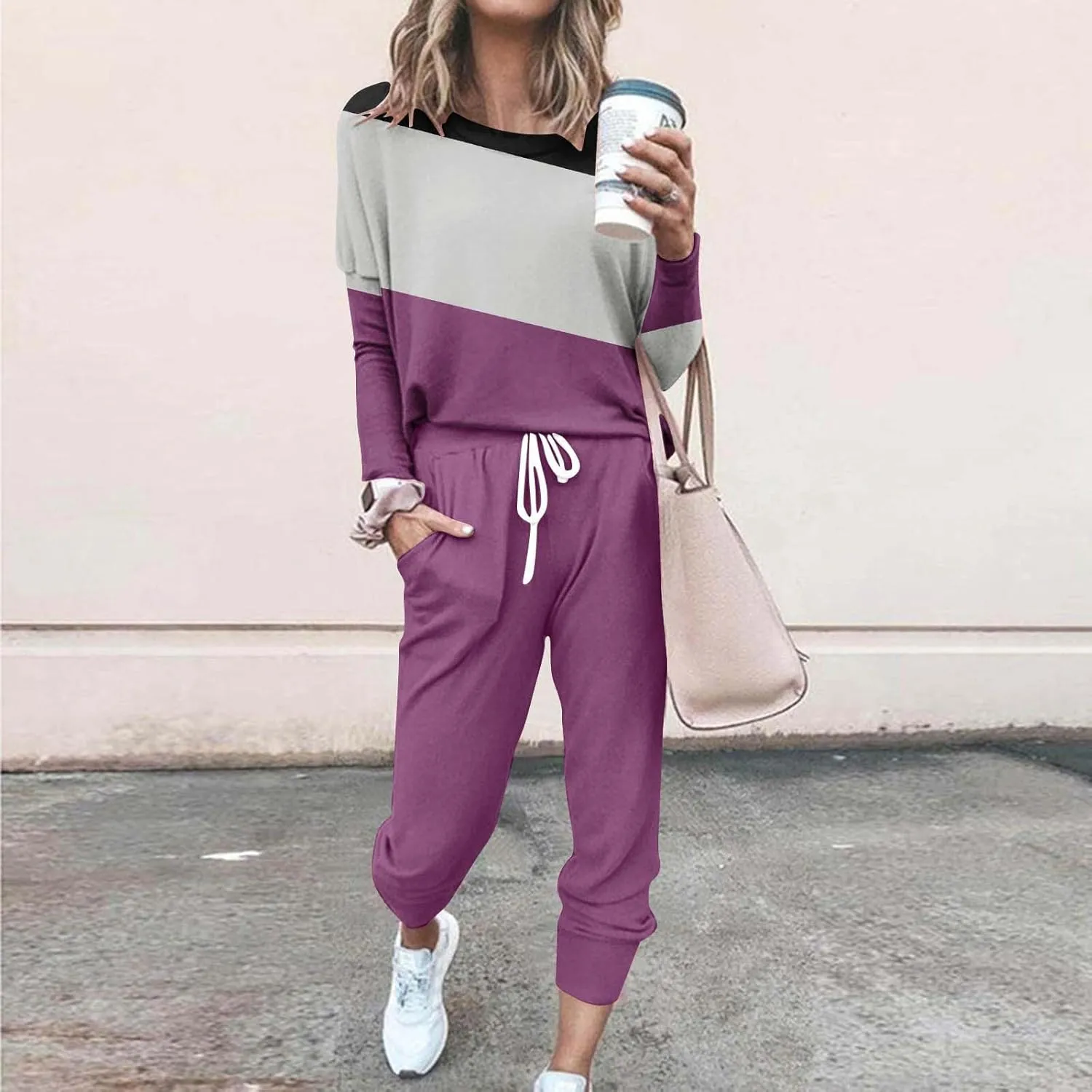 Lastesso Plus Size Lounge Sets for Women Color Block Joggers Track Suits Casual Tie Ankle Banded Loungewear Soft Sweatsuits
