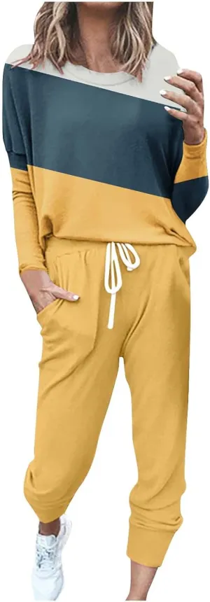 Lastesso Plus Size Lounge Sets for Women Color Block Joggers Track Suits Casual Tie Ankle Banded Loungewear Soft Sweatsuits