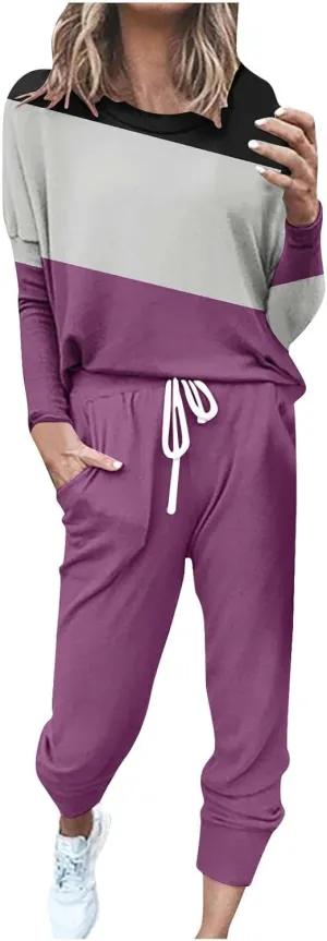 Lastesso Plus Size Lounge Sets for Women Color Block Joggers Track Suits Casual Tie Ankle Banded Loungewear Soft Sweatsuits