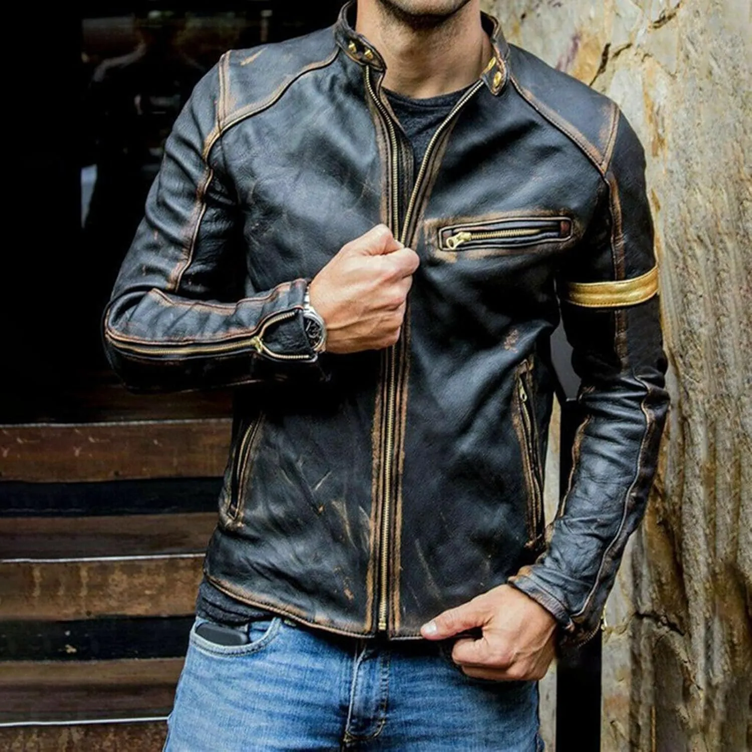 Leather Jacket Autumn Loose Solid Color Zip PU Leather Jacket Short Lapel Motorcycle Leather Jacket Coat Leather