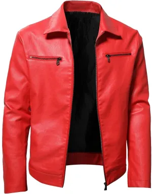 Leather Jacket for Men Solid Color Zip PU Leather Jacket Short Lapel Motorcycle Leather Men's Cotton Lightweight