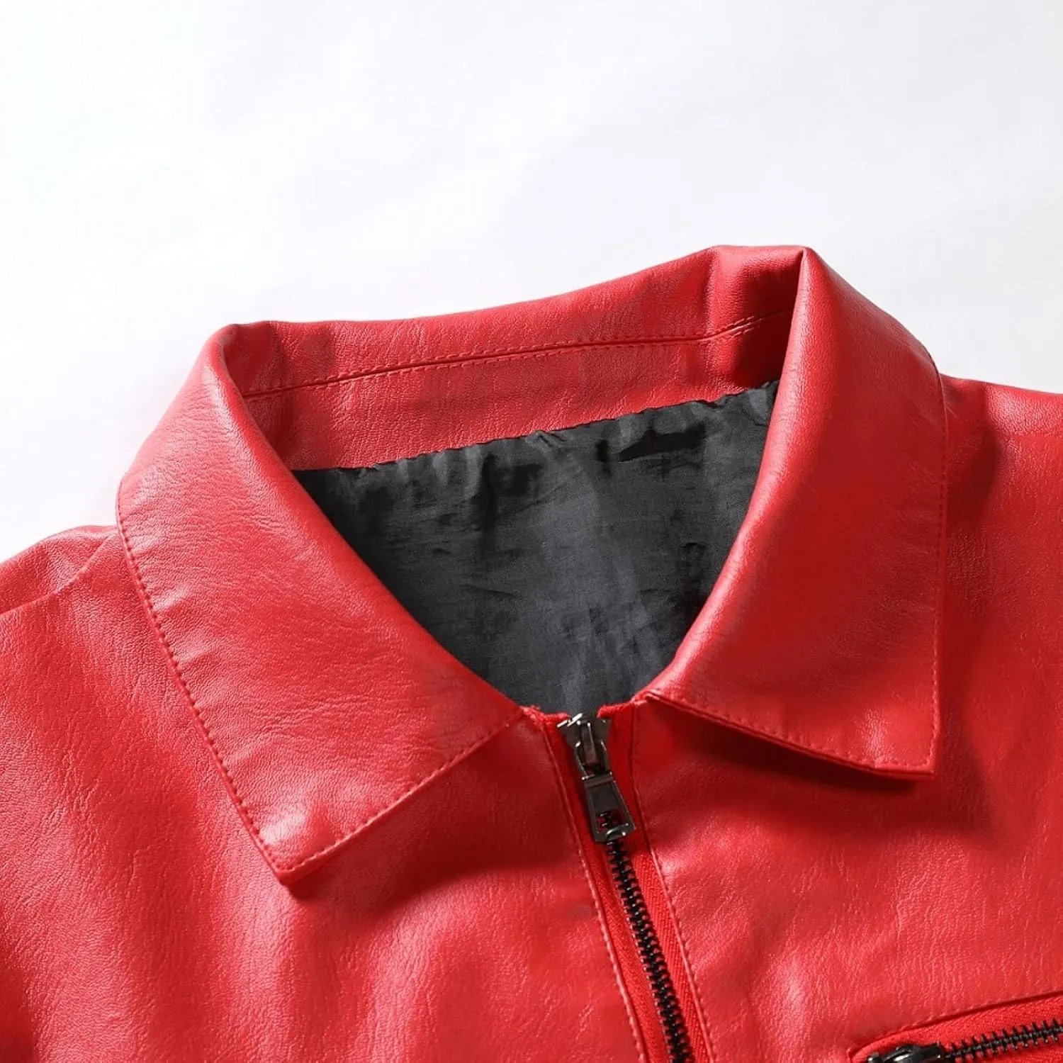 Leather Jacket for Men Solid Color Zip PU Leather Jacket Short Lapel Motorcycle Leather Men's Cotton Lightweight