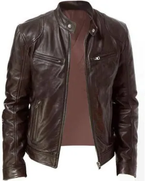 Leather Jackets for Men Solid Color Zip PU Leather Jacket Short Lapel Motorcycle Leather Motorcycle Lapel