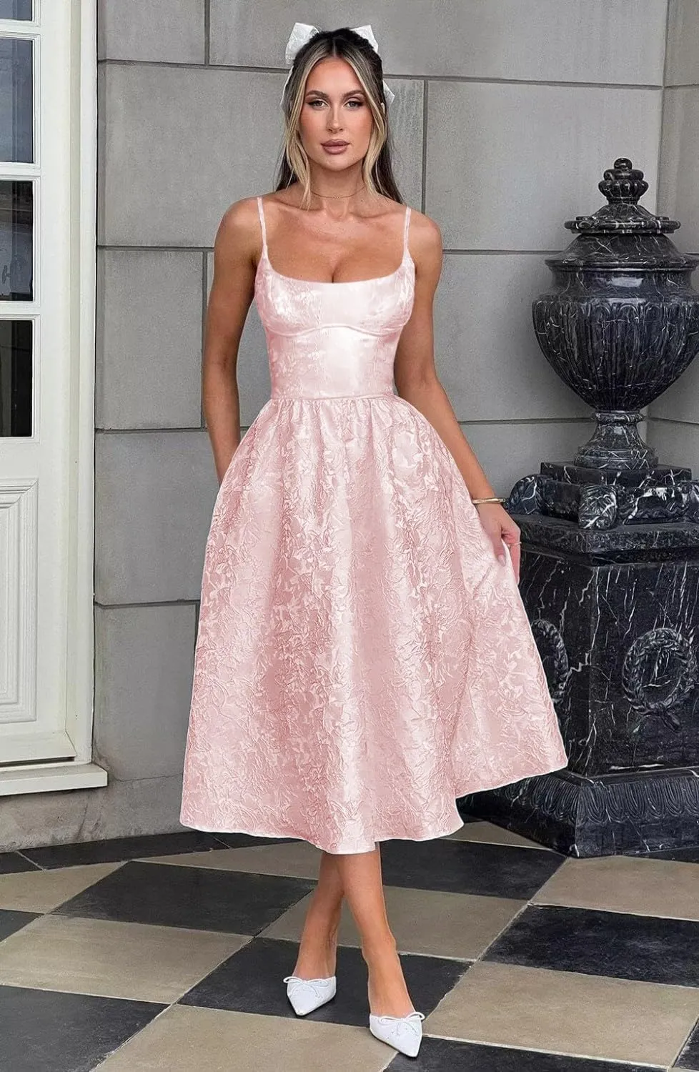 LECOYOYO Jacquard Homecoming Dresses with Bow Satin Short Prom Dress for Teens Spaghetti Straps Cocktail Party Dress