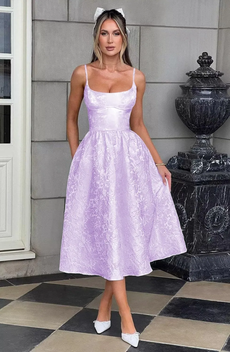 LECOYOYO Jacquard Homecoming Dresses with Bow Satin Short Prom Dress for Teens Spaghetti Straps Cocktail Party Dress