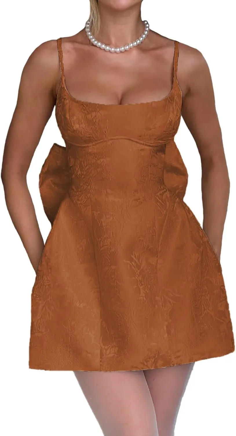 LECOYOYO Jacquard Homecoming Dresses with Bow Satin Short Prom Dress for Teens Spaghetti Straps Cocktail Party Dress