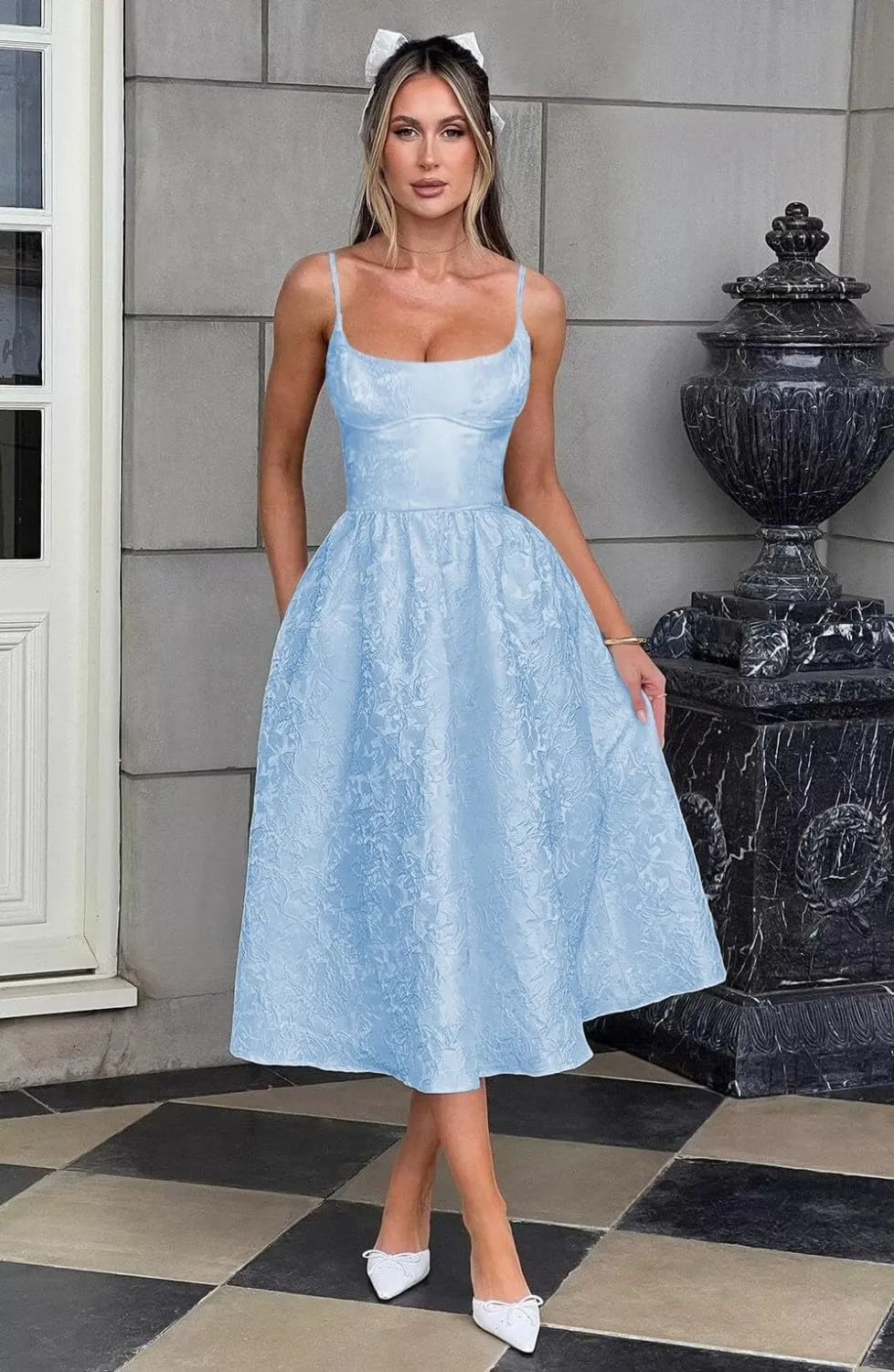 LECOYOYO Jacquard Homecoming Dresses with Bow Satin Short Prom Dress for Teens Spaghetti Straps Cocktail Party Dress