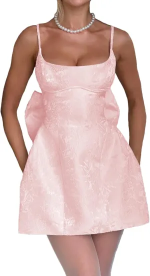 LECOYOYO Jacquard Homecoming Dresses with Bow Satin Short Prom Dress for Teens Spaghetti Straps Cocktail Party Dress