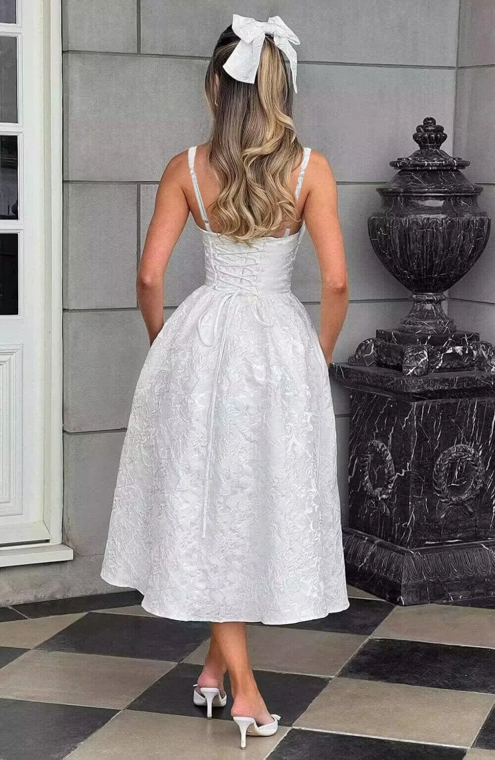 LECOYOYO Jacquard Homecoming Dresses with Bow Satin Short Prom Dress for Teens Spaghetti Straps Cocktail Party Dress