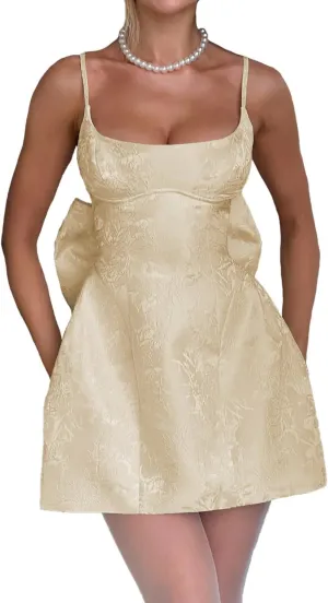 LECOYOYO Jacquard Homecoming Dresses with Bow Satin Short Prom Dress for Teens Spaghetti Straps Cocktail Party Dress