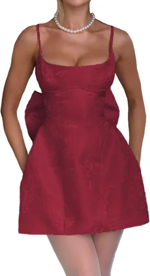 LECOYOYO Jacquard Homecoming Dresses with Bow Satin Short Prom Dress for Teens Spaghetti Straps Cocktail Party Dress