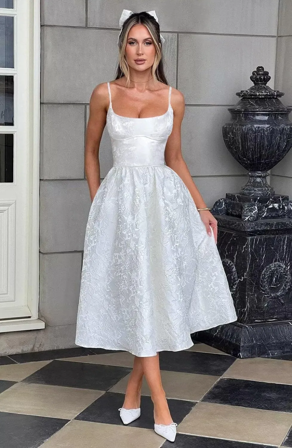 LECOYOYO Jacquard Homecoming Dresses with Bow Satin Short Prom Dress for Teens Spaghetti Straps Cocktail Party Dress